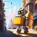 Cute robot courier is delivering an order. Yellow robot from service of delivery and transportation of small parcels, packages. Royalty Free Stock Photo