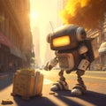 Cute robot courier is trying to deliver a box with flowers. Courier robot from service of delivery and transportation of small Royalty Free Stock Photo
