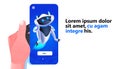 cute robot cyborg on smartphone screen modern robotic character artificial intelligence technology concept