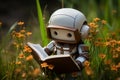 Cute robot enjoying a book in a summer meadow, embracing the harmony of nature and technology