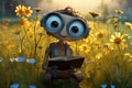 Cute robot enjoying a book in a summer meadow harmonious blend of nature and technology