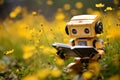 Cute robot enjoying a book in a summer meadow perfect blend of nature and technology