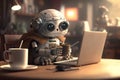 cute robot enjoying a cup of coffee in cozy cafe with laptop and books