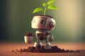 Cute robot fertilizing the plant on its head made with Generative AI.