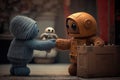 cute robot giving present to other person, with sweet and warm atmosphere