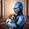 Cute robot with his pet dog - ai generated image Royalty Free Stock Photo