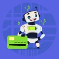 Cute Robot Hold Credit Card Mobile Payment Online Shopping Modern Artificial Intelligence Technology Concept