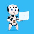 Cute Robot Hold Laptop Computer Chat Bot Robotic Girl Isolated Icon On Blue Background Modern Technology Artificial