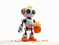 Cute robot holding a bucket of popcorn while surrounded by scattered snacks in a bright setting Royalty Free Stock Photo