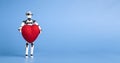 Cute robot holding red heart, blue panorama background