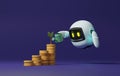 Cute robot holding a watering can to water growing potted plant with pile of coins on purple background