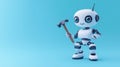 Cute robot holds hammer, pliers. Robot looks like handyman. Friendly robot fixing problem. Maintenance concept. Website error