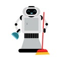 Cute robot home assistant with a broom and dustpan. Vector illustration.