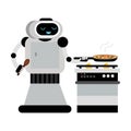 Cute robot home assistant cooks in a pan. Vector illustration.