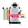 Cute robot home assistant is ironing things. Vector illustration.