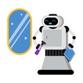 Cute robot home assistant near a brilliant mirror. Vector illustration.