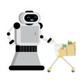 Cute robot home assistant rolls a shopping cart. Vector illustration.