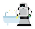 Cute robot home assistant stands near a clean bath. Vector illustration.