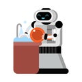 Cute robot home assistant washes the dishes. Vector illustration.