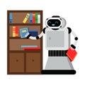 Cute robot home helper wipes the dust in the closet. Vector illustration.