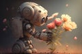 cute robot kneels before bouquet of flowers, its expression one of devotion and love