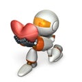 A cute robot that kneels down and presents a heart symbol. White background