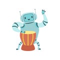 Cute Robot Musician Playing Ethnic Drum Musical Instrument Vector Illustration