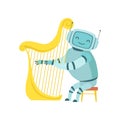 Cute Robot Musician Playing Harp Musical Instrument, Vector Illustration