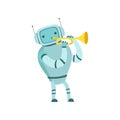 Cute Robot Musician Playing Trumpet Musical Instrument Vector Illustration