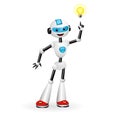 Cute robot pointing at good idea light bulb. Aha moment concept. Isolated on white background