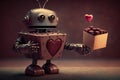 cute robot presenting heart-shaped box of chocolates on special occasion