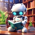 cute robot reading a book in the library - cartoon-style artificial intelligence learning android joy