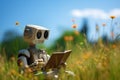 Cute Robot Reading a book in Summer Meadow