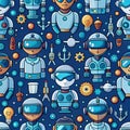 Cute robot and science pattern. Various robots and science-related elements in a repeating design Royalty Free Stock Photo