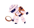 Cute robot searching with magnifying glass. Curious android character finding, researching with magnifier, lens