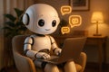 Cute robot sitting in a chair using a laptop with chat bubbles artificial intelligence chatbot Royalty Free Stock Photo