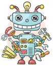 Cute robot with six hands holding different working tools