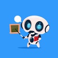 Cute Robot Teacher Hold Pointer Near School Board Icon On Blue Background Modern Technology Artificial Royalty Free Stock Photo