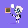 Cute Robot Teacher Hold Pointer Near School Board Isolated Icon On Blue Background Modern Technology Artificial Royalty Free Stock Photo