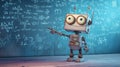 Cute robot teaching science concepts in a classroom with equations on the blackboard Royalty Free Stock Photo