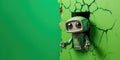 Cute Robot toy peeking out of a hole in wall, torn hole, empty copy space frame, mockup. Generative AI weber. Royalty Free Stock Photo