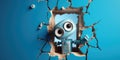 Cute Robot toy peeking out of a hole in wall, torn hole, empty copy space frame, mockup. Generative AI weber. Royalty Free Stock Photo