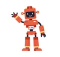 Cute robot toy in retro style. Funny kids bot with happy smiling face and screen. Adorable cyborg gesturing hi. Humanoid Royalty Free Stock Photo