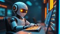 Cute robot types on keyboard at futuristic workstation with monitors displaying code. Small android with glowing eyes works on Royalty Free Stock Photo