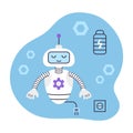 Cute Robot is unplugged and sleeping with his eyes closed. Artificial Intelligence Virtual Assistant. Isolated vector