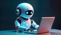 Cute robot using laptop. Friendly AI robot types on laptop with blue neon light. Futuristic tech concept. Modern robot assistant Royalty Free Stock Photo