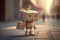 cute robot walking down the street with gift box in hand, bringing joy and surprise to friends and strangers