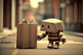 cute robot walking down the street with gift box in hand, bringing joy and surprise to friends and strangers