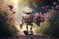 cute robot walks down garden path, carrying bouquet of flowers Royalty Free Stock Photo