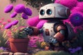 cute robot watering flowerbed with pink and purple blooms